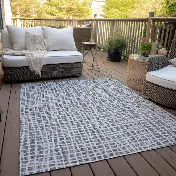 9' X 12' Gray Charcoal And Silver Striped Washable Indoor Outdoor Area Rug