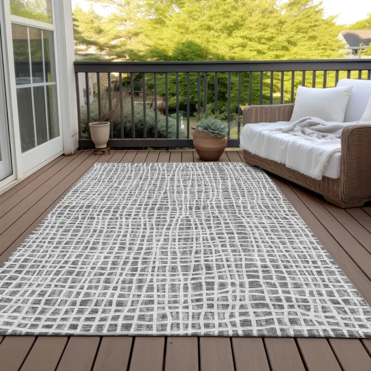 10' X 14' Gray Charcoal And Silver Striped Washable Indoor Outdoor Area Rug
