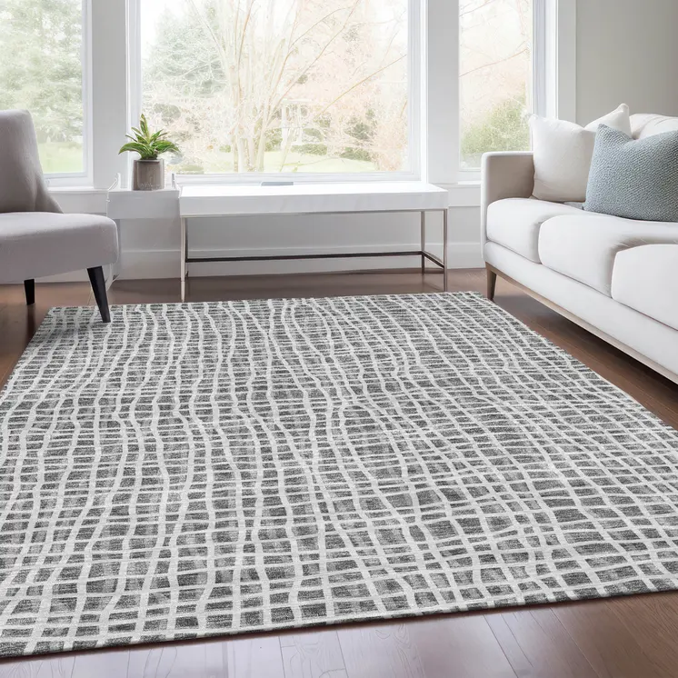 10' X 14' Gray Charcoal And Silver Striped Washable Indoor Outdoor Area Rug