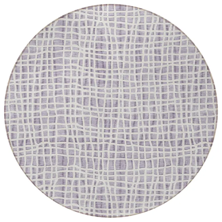 8' Lilac Purple And Ivory Round Striped Washable Indoor Outdoor Area Rug