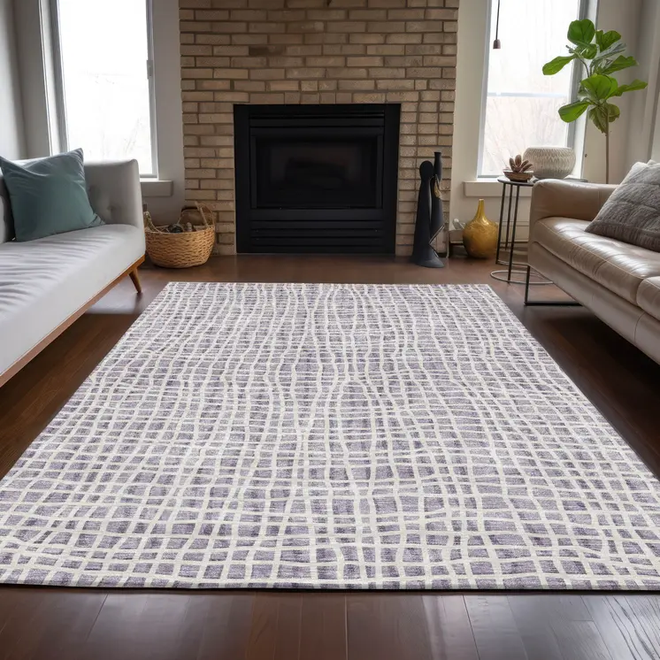 10' X 14' Lilac Purple And Ivory Striped Washable Indoor Outdoor Area Rug