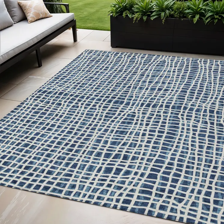 5' X 8' Navy Blue And Ivory Striped Washable Indoor Outdoor Area Rug