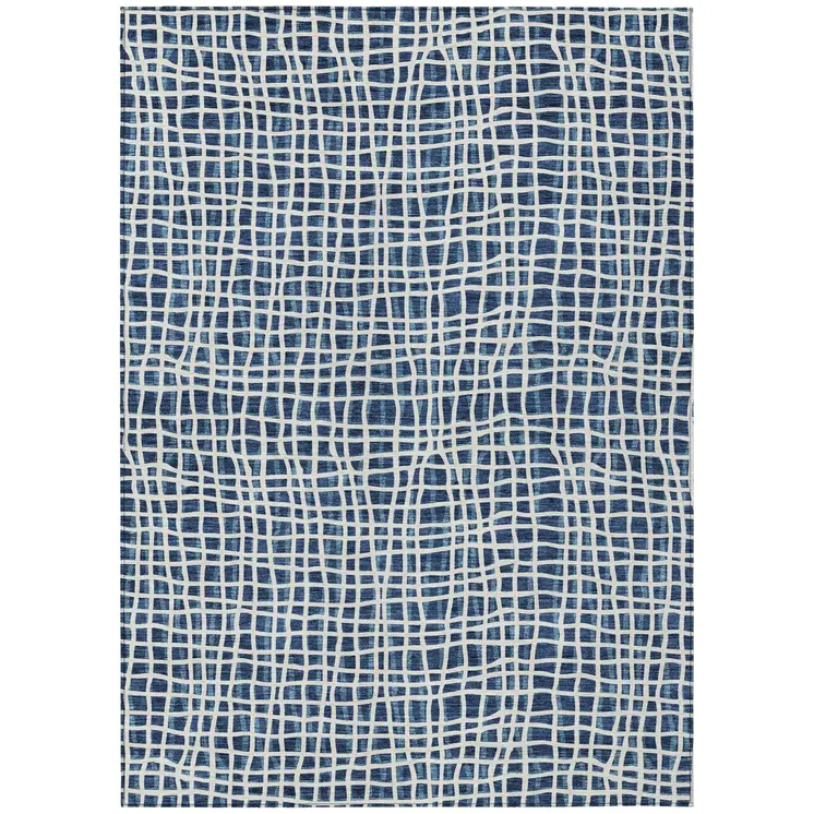 5' X 8' Navy Blue And Ivory Striped Washable Indoor Outdoor Area Rug