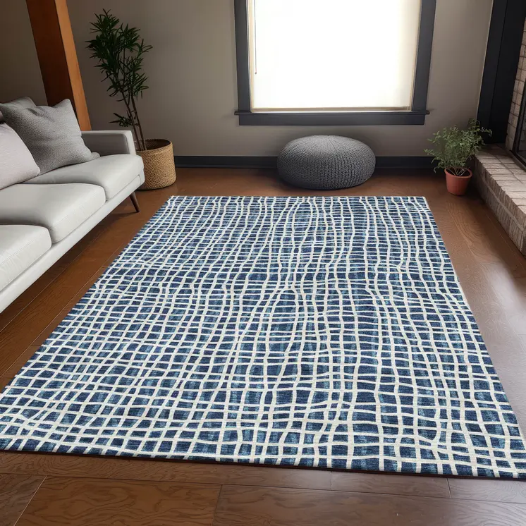 5' X 8' Navy Blue And Ivory Striped Washable Indoor Outdoor Area Rug