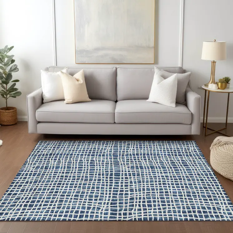 5' X 8' Navy Blue And Ivory Striped Washable Indoor Outdoor Area Rug