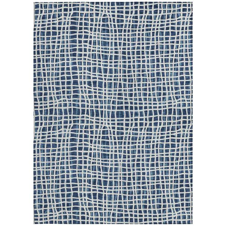 8' X 10' Navy Blue And Ivory Striped Washable Indoor Outdoor Area Rug