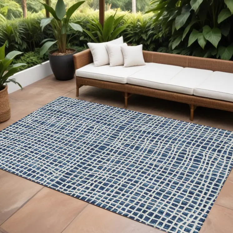 10' X 14' Navy Blue And Ivory Striped Washable Indoor Outdoor Area Rug