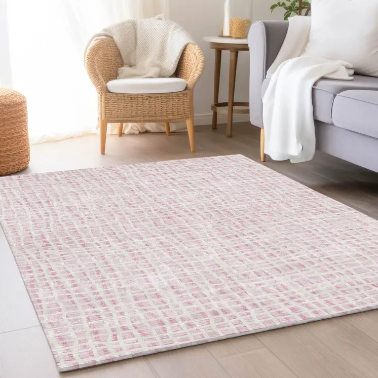 8' X 10' Pink And Ivory Striped Washable Indoor Outdoor Area Rug