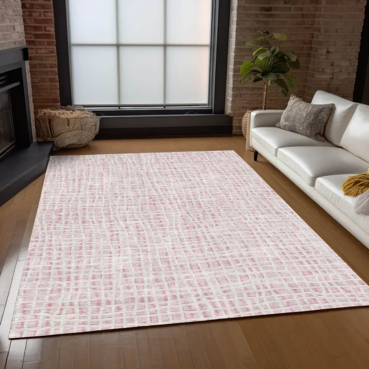 8' X 10' Pink And Ivory Striped Washable Indoor Outdoor Area Rug