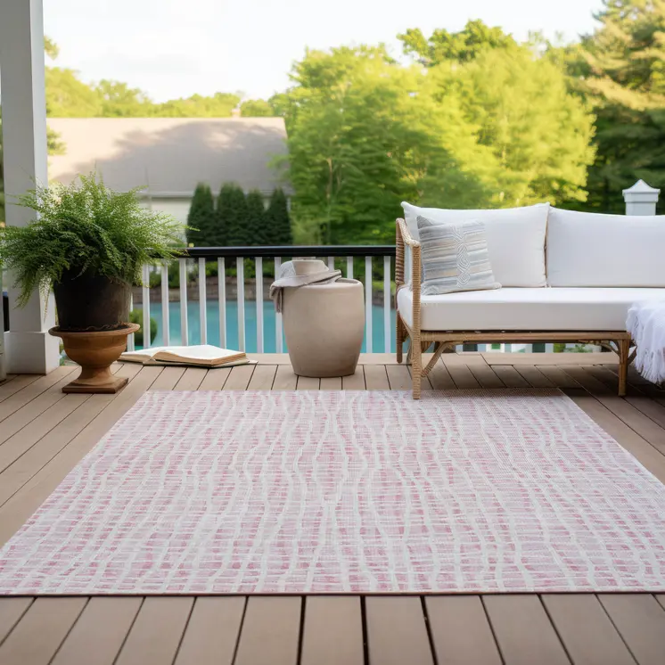 8' X 10' Pink And Ivory Striped Washable Indoor Outdoor Area Rug