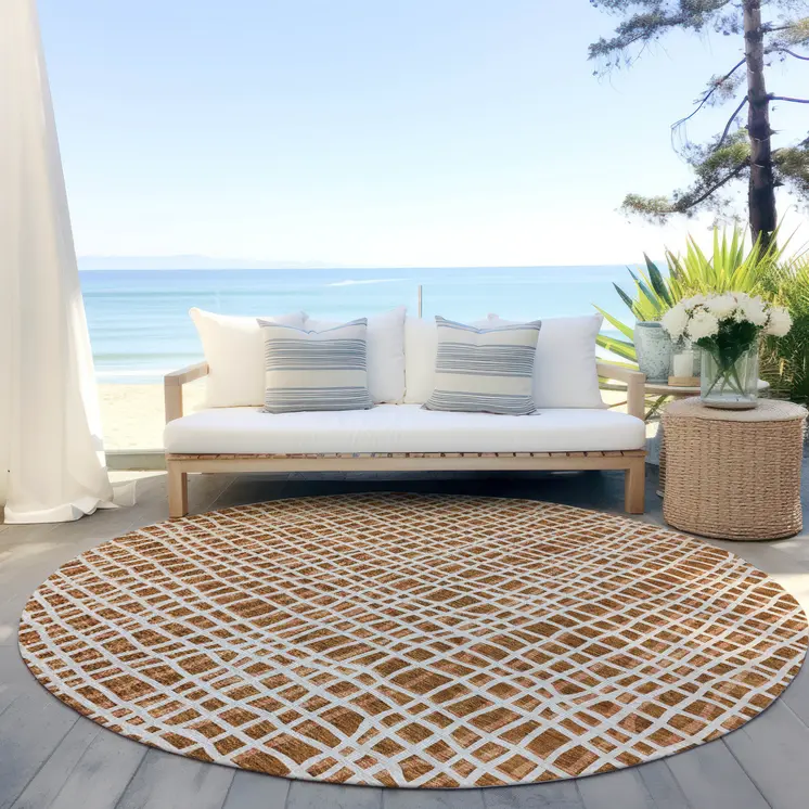 8' Orange Beige And Copper Round Striped Washable Indoor Outdoor Area Rug