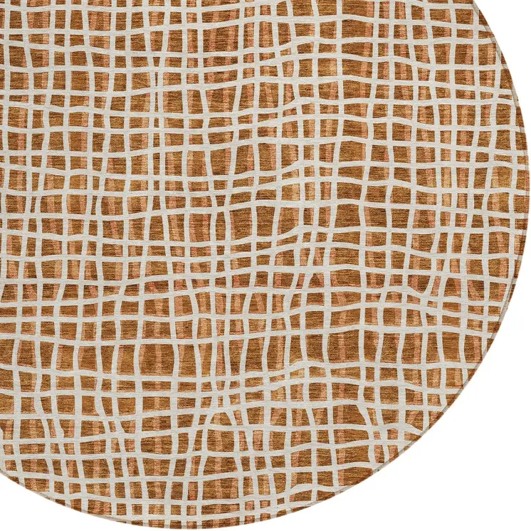 8' Orange Beige And Copper Round Striped Washable Indoor Outdoor Area Rug