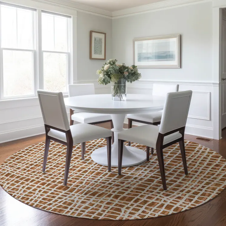 8' Orange Beige And Copper Round Striped Washable Indoor Outdoor Area Rug
