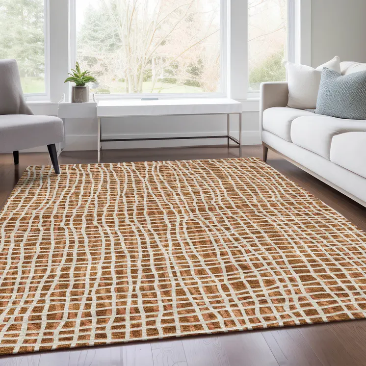 10' X 14' Orange Beige And Copper Striped Washable Indoor Outdoor Area Rug
