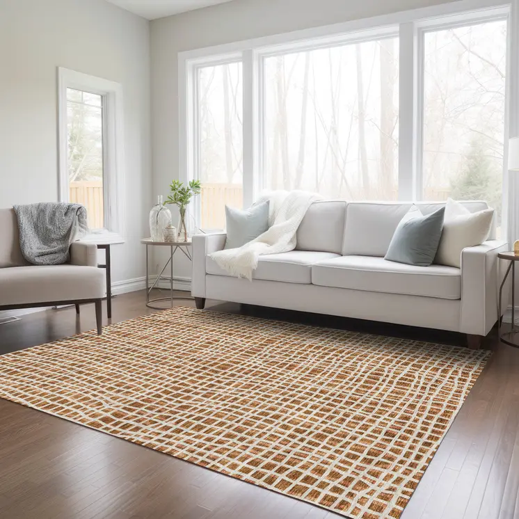 10' X 14' Orange Beige And Copper Striped Washable Indoor Outdoor Area Rug