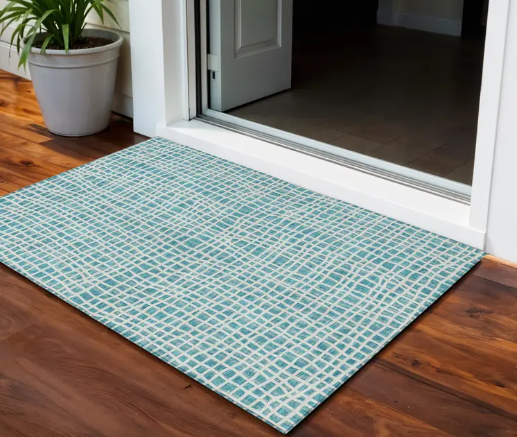 3' X 5' Teal Blue And Ivory Striped Washable Indoor Outdoor Area Rug