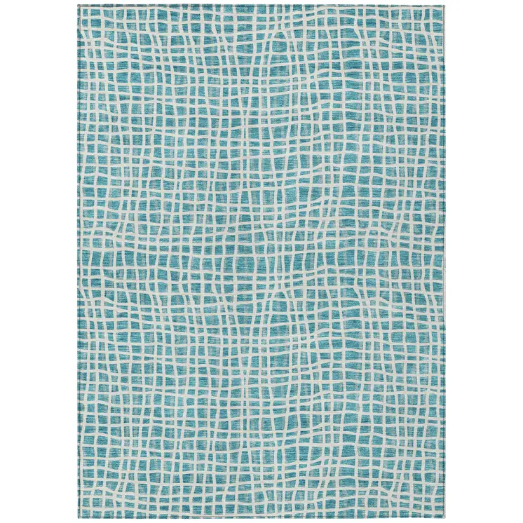 5' X 8' Teal Blue And Ivory Striped Washable Indoor Outdoor Area Rug