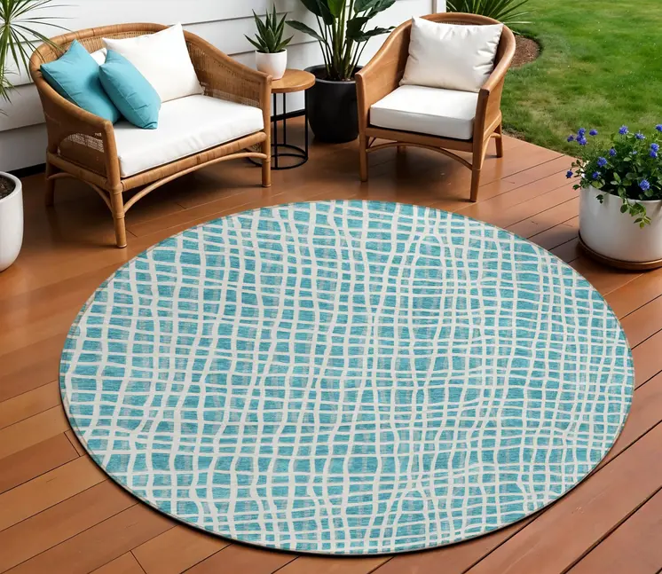 8' Teal Blue And Ivory Round Striped Washable Indoor Outdoor Area Rug