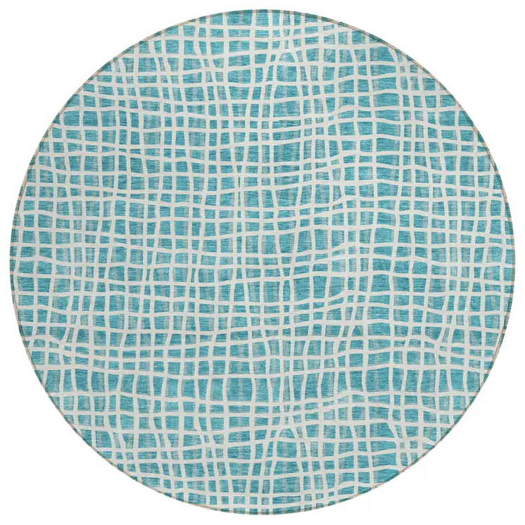 8' Teal Blue And Ivory Round Striped Washable Indoor Outdoor Area Rug