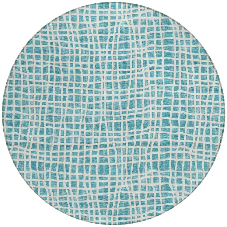 8' Teal Blue And Ivory Round Striped Washable Indoor Outdoor Area Rug