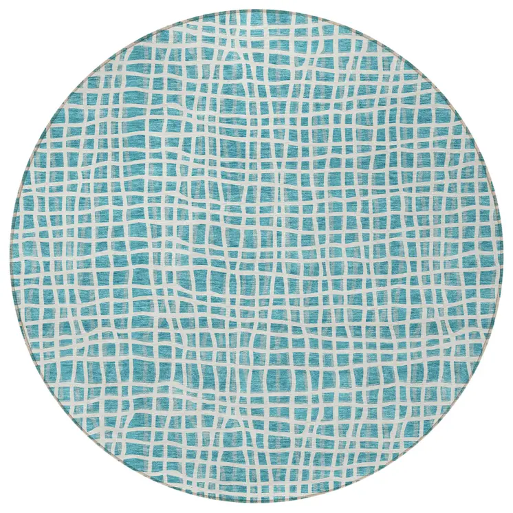 8' Teal Blue And Ivory Round Striped Washable Indoor Outdoor Area Rug