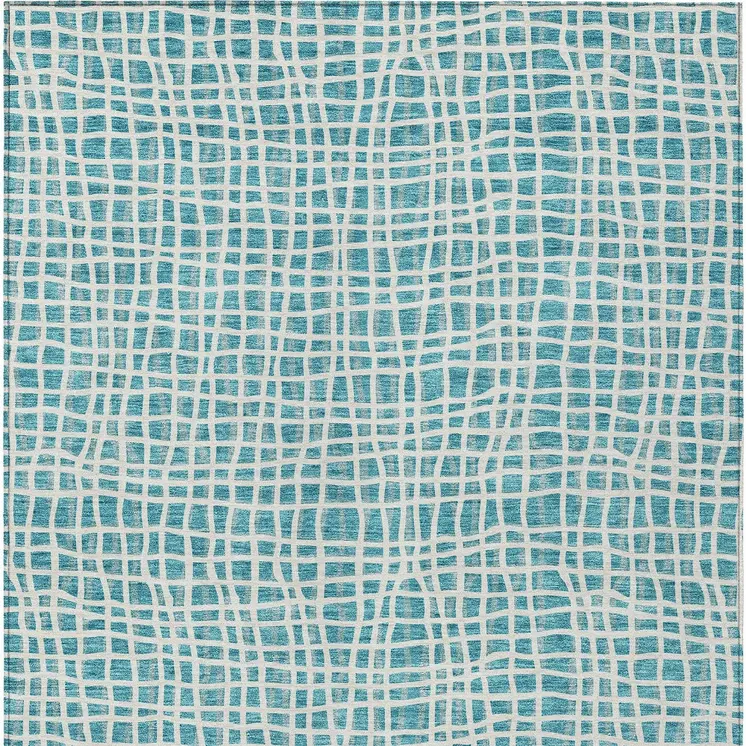 9' X 12' Teal Blue And Ivory Striped Washable Indoor Outdoor Area Rug
