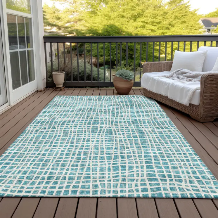 9' X 12' Teal Blue And Ivory Striped Washable Indoor Outdoor Area Rug