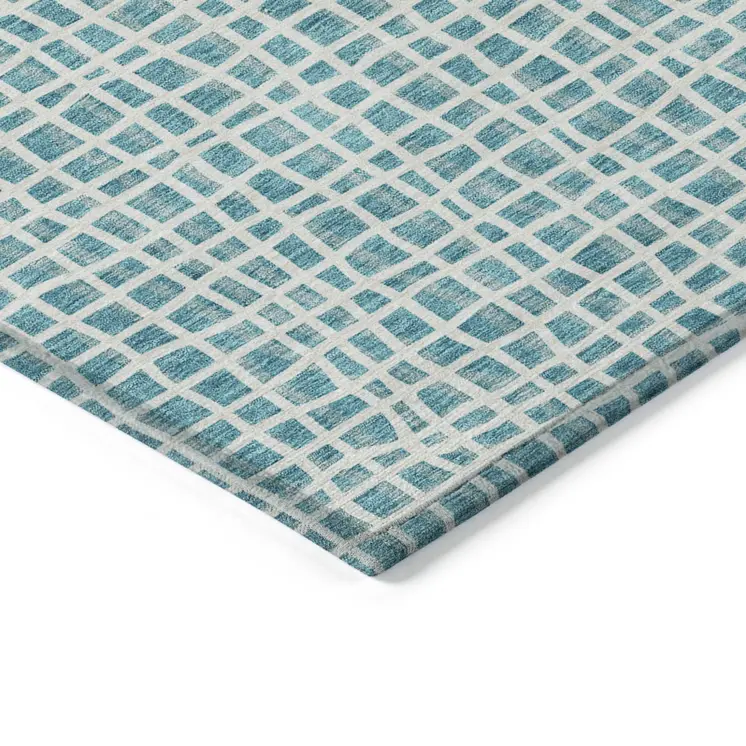 9' X 12' Teal Blue And Ivory Striped Washable Indoor Outdoor Area Rug