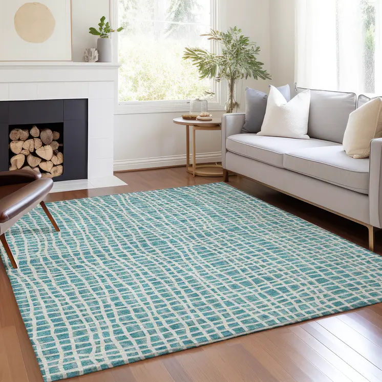9' X 12' Teal Blue And Ivory Striped Washable Indoor Outdoor Area Rug