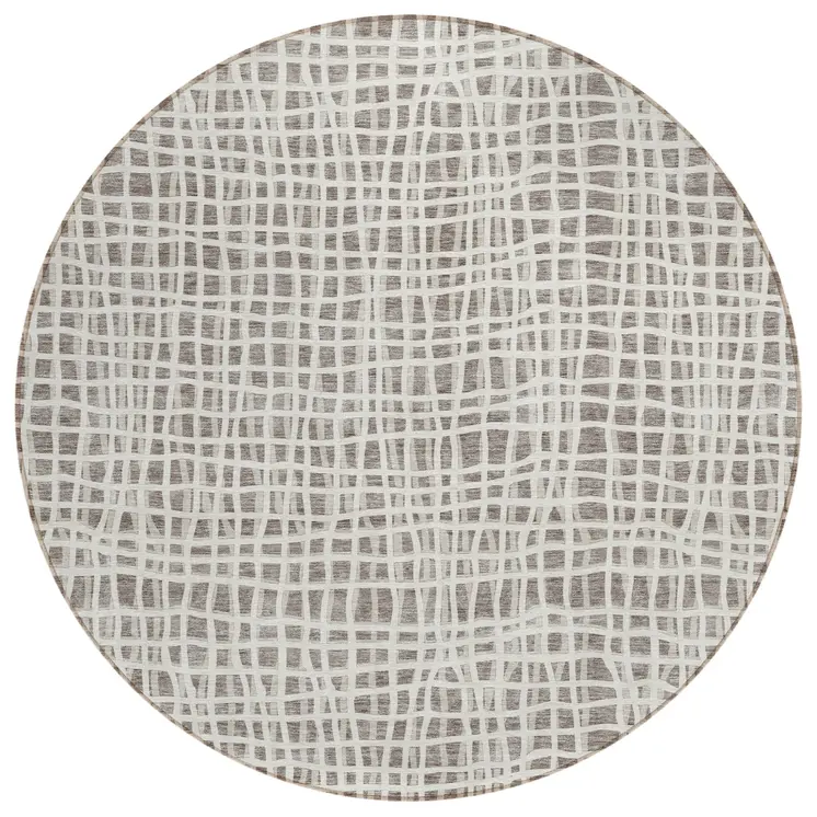 8' Taupe And Beige Round Striped Washable Indoor Outdoor Area Rug