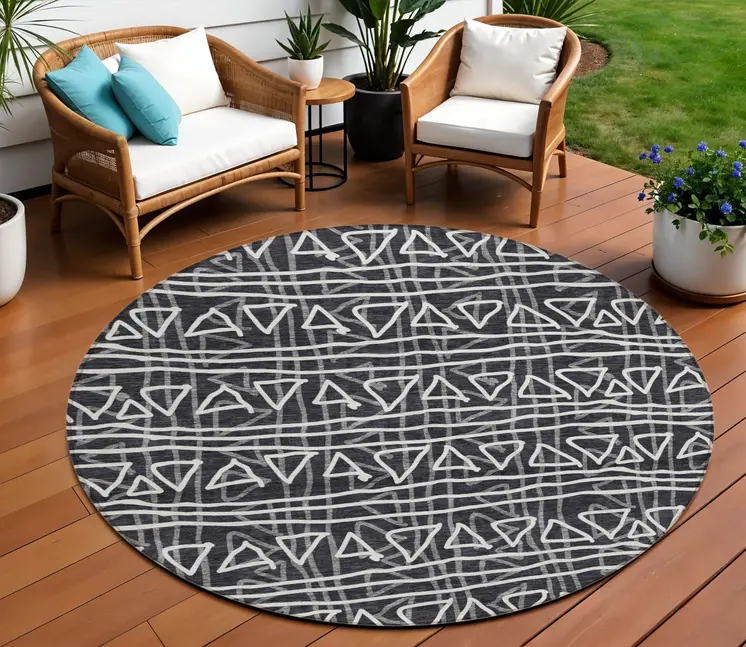 8' Black Gray And Ivory Round Geometric Washable Indoor Outdoor Area Rug