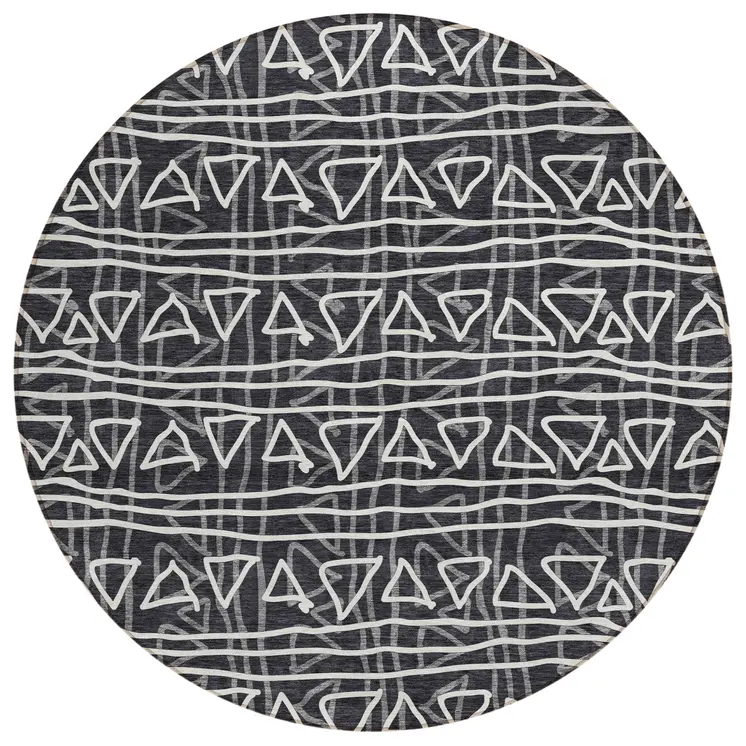 8' Black Gray And Ivory Round Geometric Washable Indoor Outdoor Area Rug