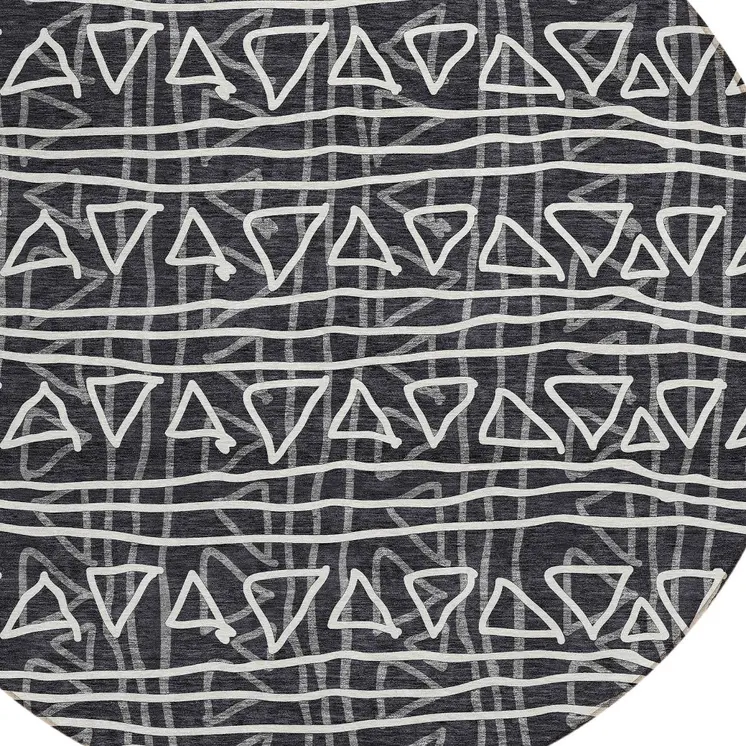 8' Black Gray And Ivory Round Geometric Washable Indoor Outdoor Area Rug