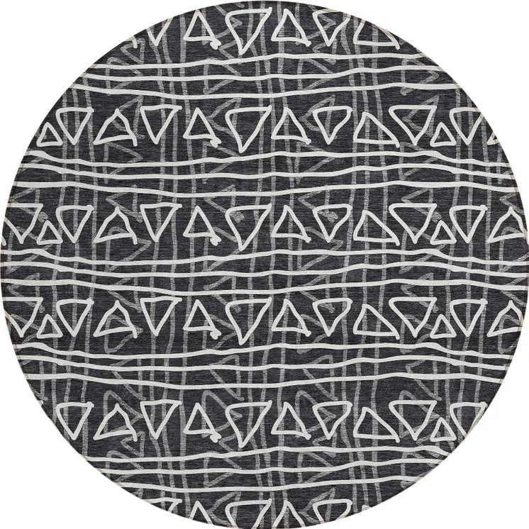 8' Black Gray And Ivory Round Geometric Washable Indoor Outdoor Area Rug