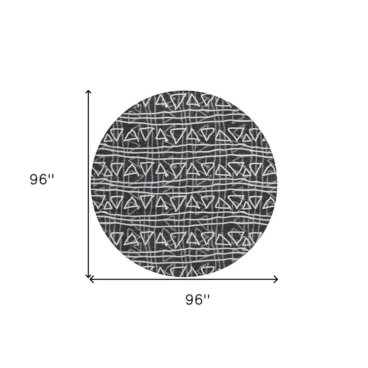 8' Black Gray And Ivory Round Geometric Washable Indoor Outdoor Area Rug