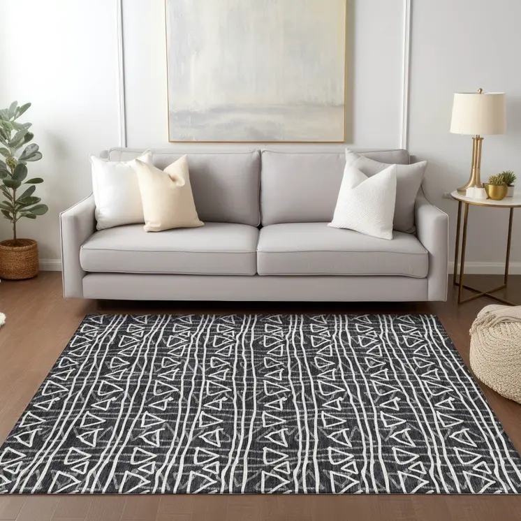 10' X 14' Black Gray And Ivory Geometric Washable Indoor Outdoor Area Rug