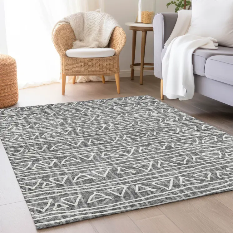 5' X 8' Charcoal Gray And Ivory Geometric Washable Indoor Outdoor Area Rug