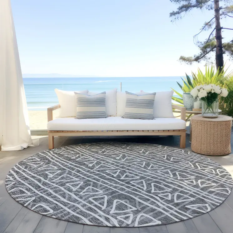 8' Charcoal Gray And Ivory Round Geometric Washable Indoor Outdoor Area Rug