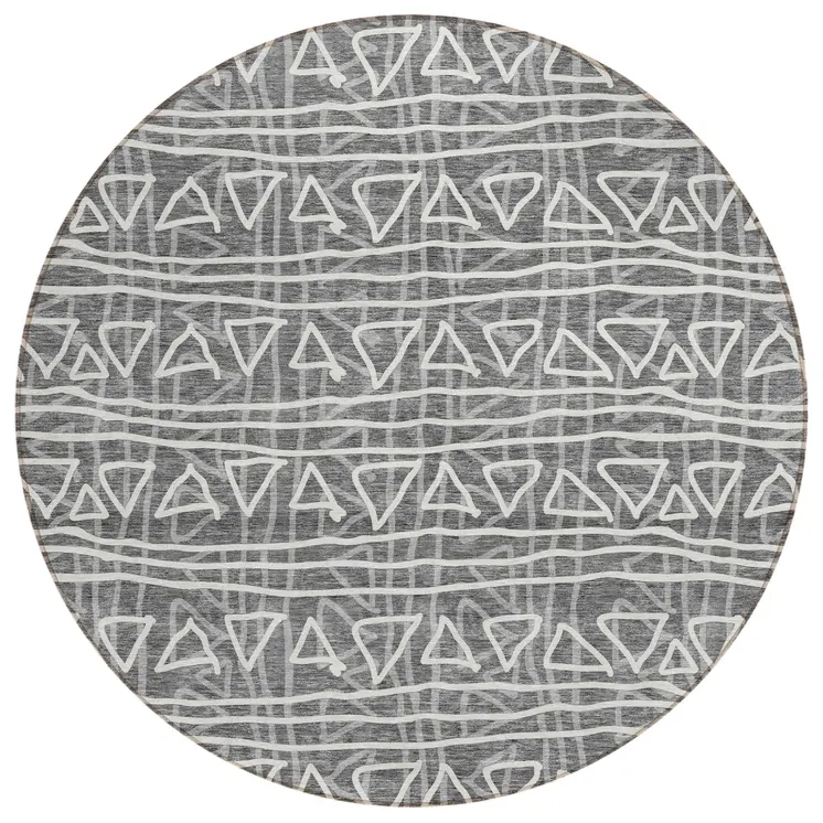 8' Charcoal Gray And Ivory Round Geometric Washable Indoor Outdoor Area Rug