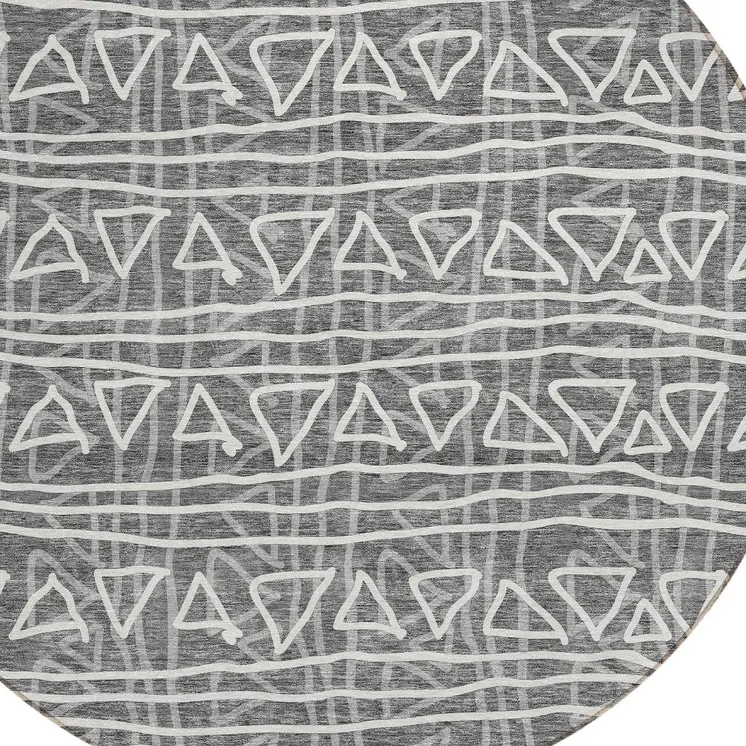 8' Charcoal Gray And Ivory Round Geometric Washable Indoor Outdoor Area Rug