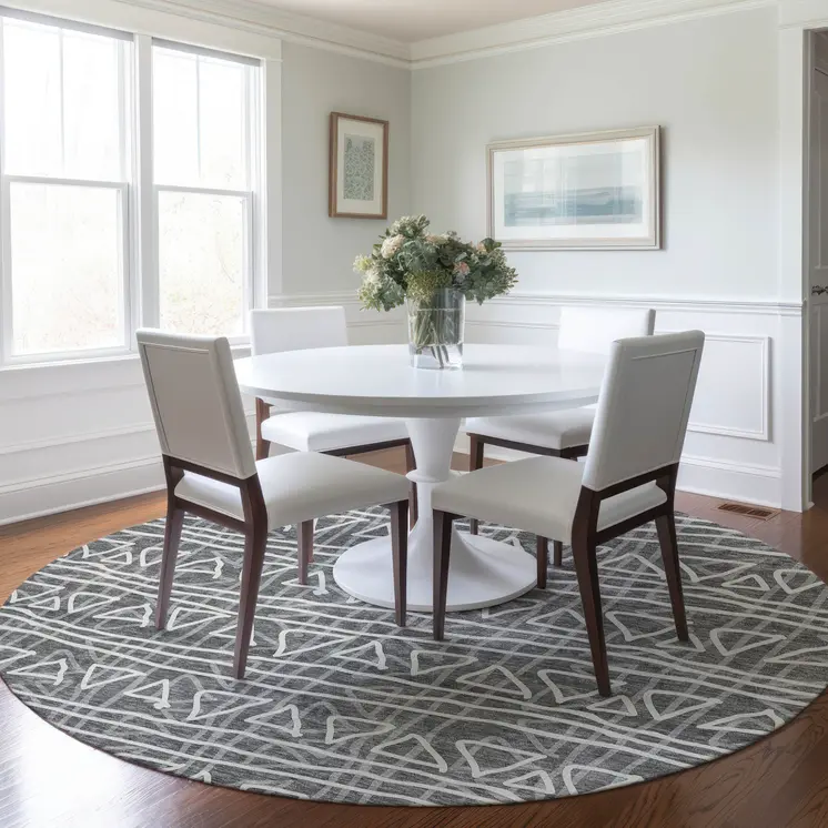 8' Charcoal Gray And Ivory Round Geometric Washable Indoor Outdoor Area Rug