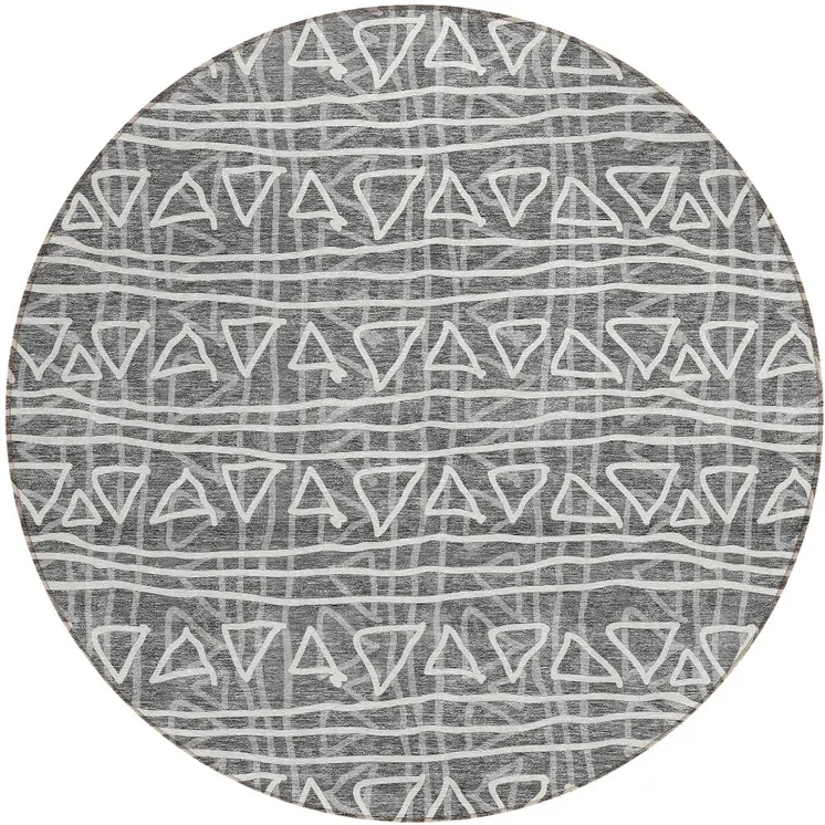 8' Charcoal Gray And Ivory Round Geometric Washable Indoor Outdoor Area Rug