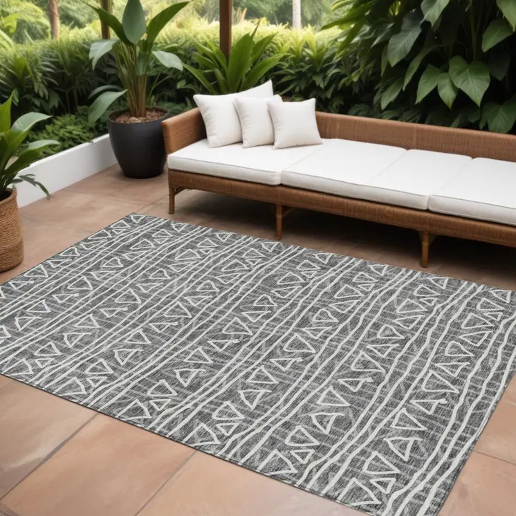9' X 12' Charcoal Gray And Ivory Geometric Washable Indoor Outdoor Area Rug
