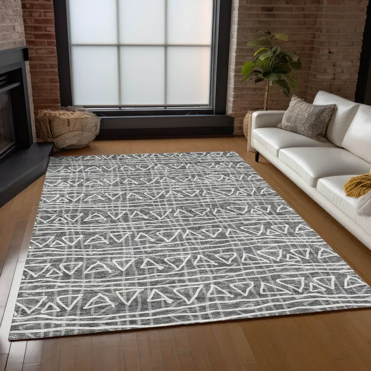 10' X 14' Charcoal Gray And Ivory Geometric Washable Indoor Outdoor Area Rug