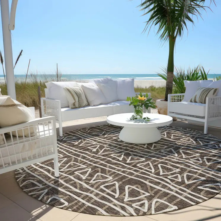 8' Chocolate And Ivory Round Geometric Washable Indoor Outdoor Area Rug
