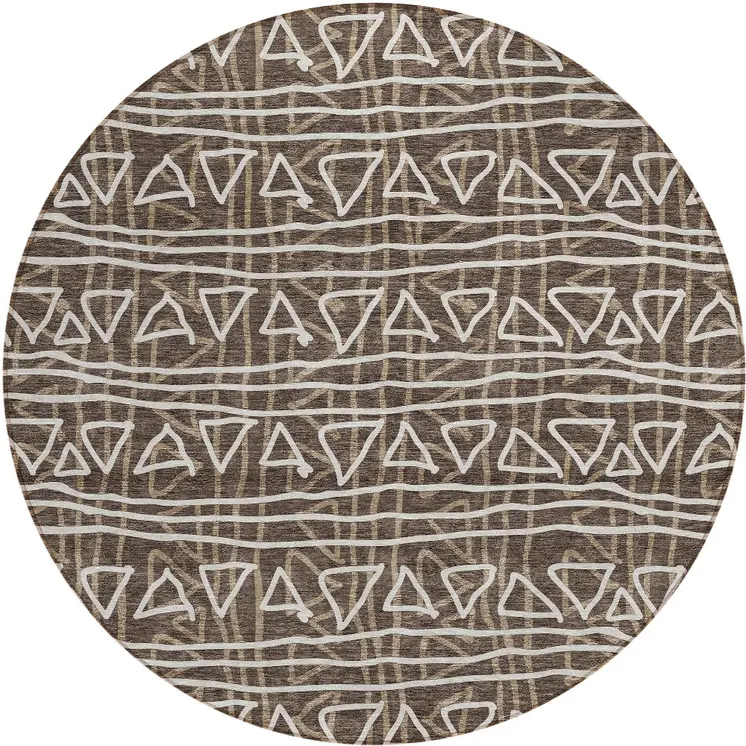 8' Chocolate And Ivory Round Geometric Washable Indoor Outdoor Area Rug