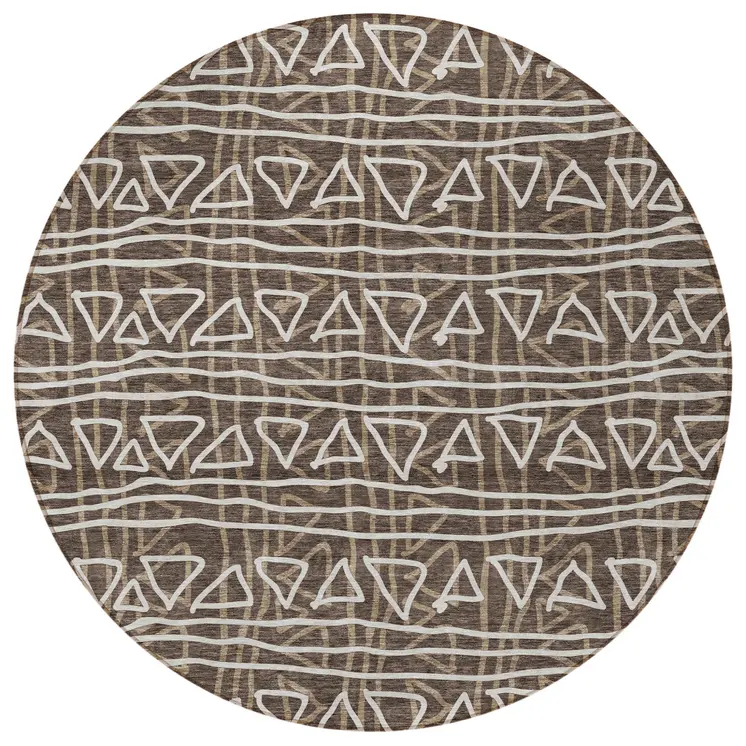 8' Chocolate And Ivory Round Geometric Washable Indoor Outdoor Area Rug