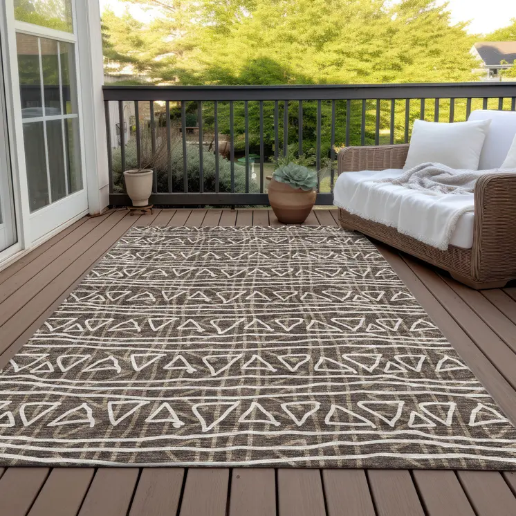 9' X 12' Chocolate And Ivory Geometric Washable Indoor Outdoor Area Rug