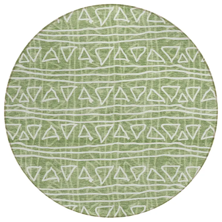 8' Green And Ivory Round Geometric Washable Indoor Outdoor Area Rug
