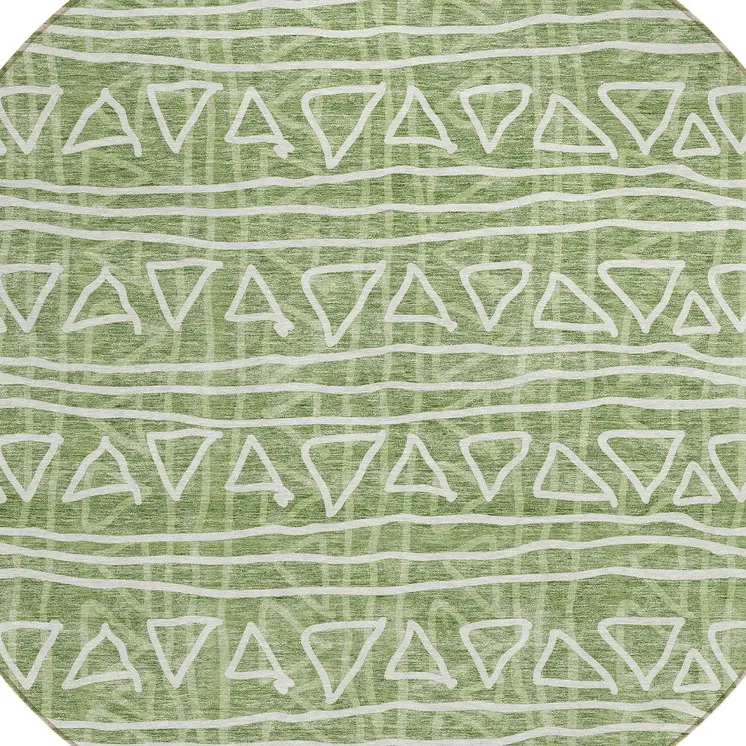 8' Green And Ivory Round Geometric Washable Indoor Outdoor Area Rug